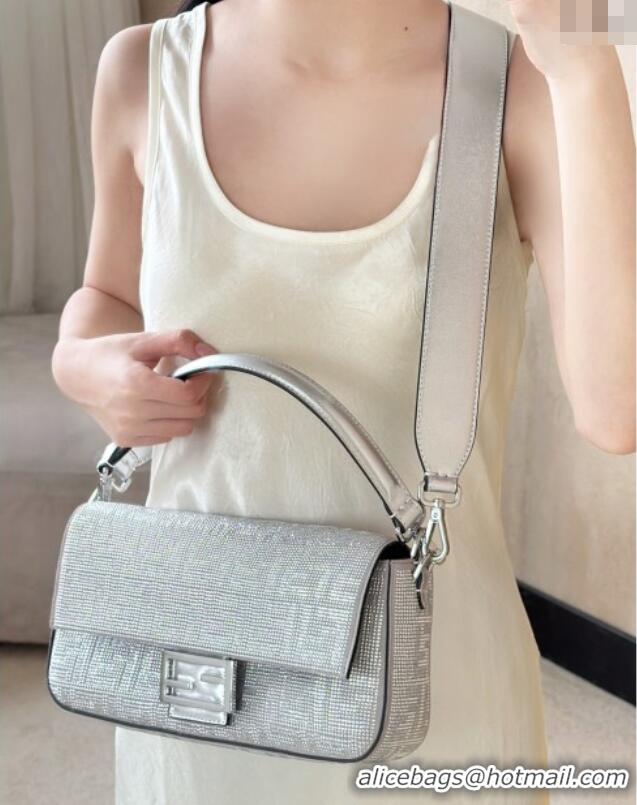 Top Grade Fendi Baguette Medium Bag in leather and Suede with strass FF motif 8632L Silver 2025