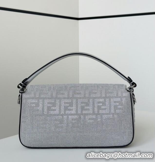 Top Grade Fendi Baguette Medium Bag in leather and Suede with strass FF motif 8632L Silver 2025