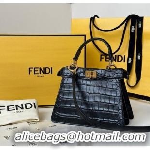 Best Quality Fendi Peekaboo ISeeU Petite Bag in Crocodile Embossed Leather 66805 Black 2025