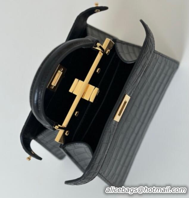 Best Quality Fendi Peekaboo ISeeU Petite Bag in Crocodile Embossed Leather 66805 Black 2025