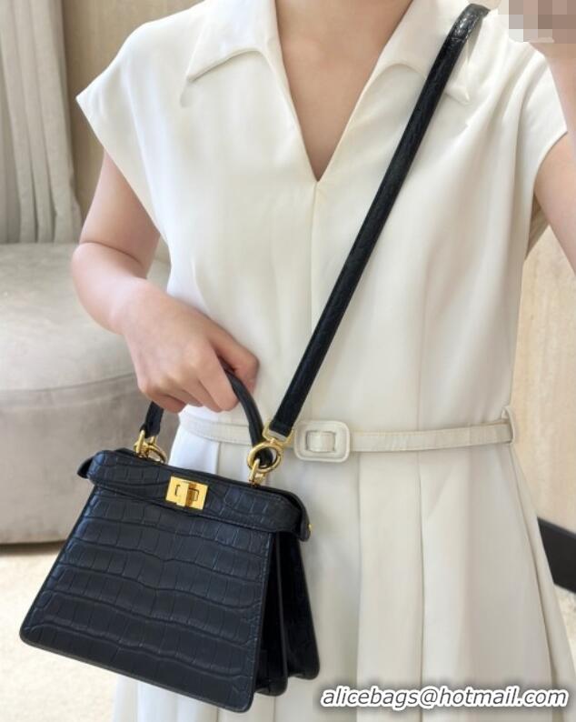 Best Quality Fendi Peekaboo ISeeU Petite Bag in Crocodile Embossed Leather 66805 Black 2025