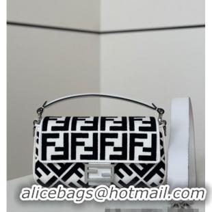 Buy Fashionable Fendi Baguette Medium Bag in Canvas with FF embroidery 0159M Black/White 2025