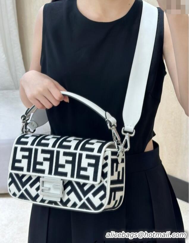 Buy Fashionable Fendi Baguette Medium Bag in Canvas with FF embroidery 0159M Black/White 2025