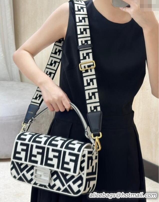 Buy Fashionable Fendi Baguette Medium Bag in Canvas with FF embroidery 0159M Black/White 2025