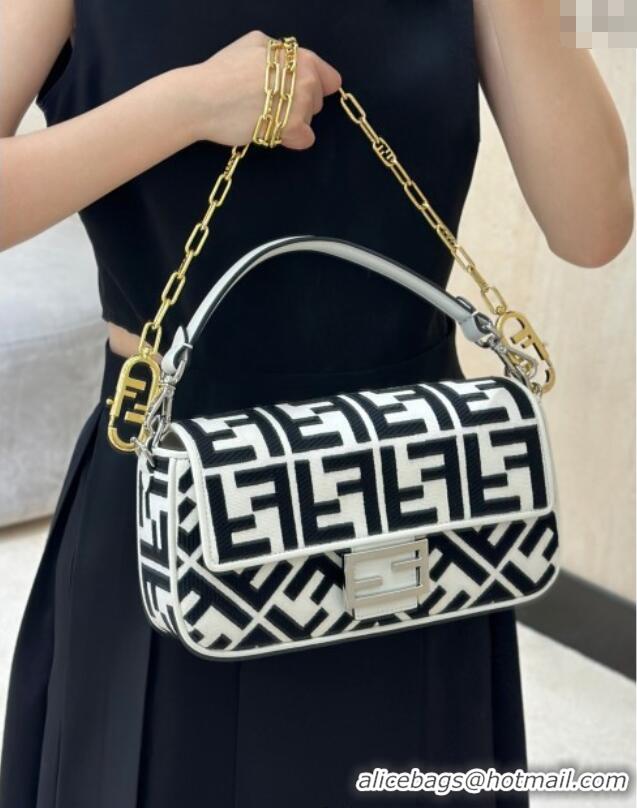 Buy Fashionable Fendi Baguette Medium Bag in Canvas with FF embroidery 0159M Black/White 2025