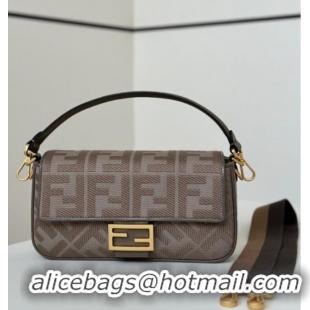 Luxury Cheap Fendi Baguette Medium Bag in Canvas with FF embroidery 0159M Brown/Grey 2025