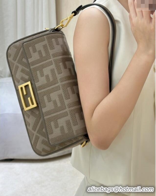 Luxury Cheap Fendi Baguette Medium Bag in Canvas with FF embroidery 0159M Brown/Grey 2025