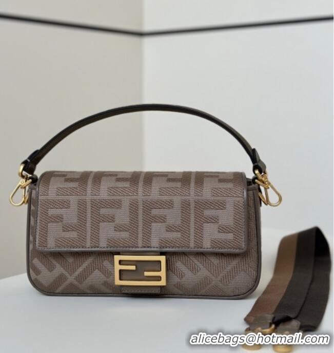 Luxury Cheap Fendi Baguette Medium Bag in Canvas with FF embroidery 0159M Brown/Grey 2025