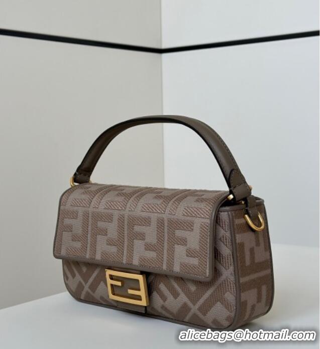 Luxury Cheap Fendi Baguette Medium Bag in Canvas with FF embroidery 0159M Brown/Grey 2025