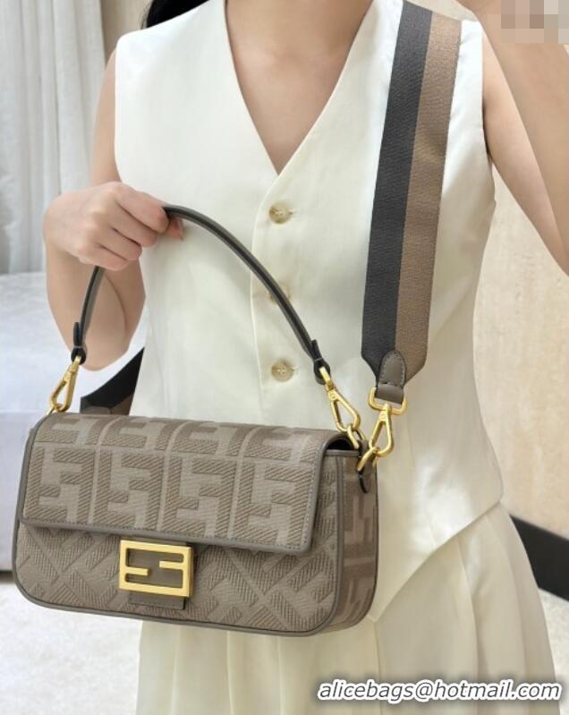 Luxury Cheap Fendi Baguette Medium Bag in Canvas with FF embroidery 0159M Brown/Grey 2025