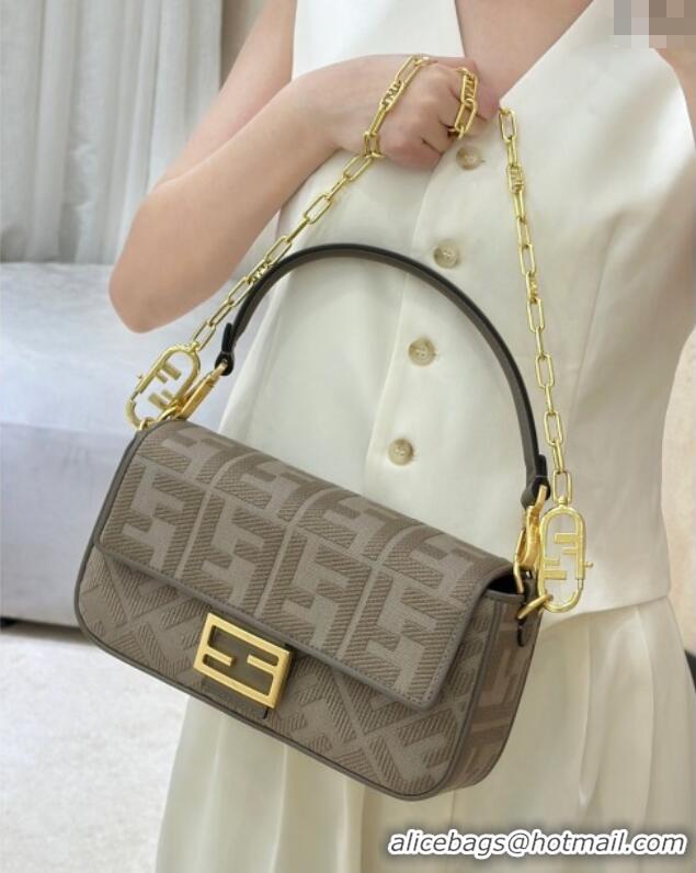 Luxury Cheap Fendi Baguette Medium Bag in Canvas with FF embroidery 0159M Brown/Grey 2025
