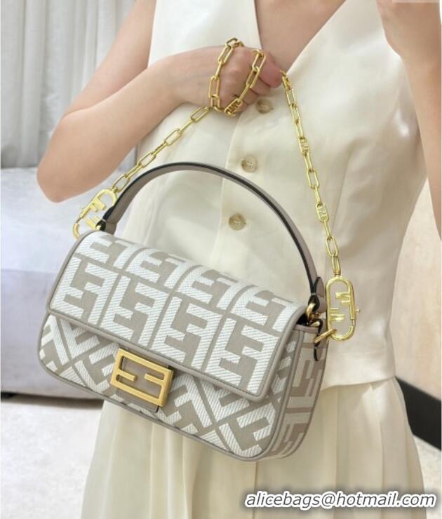 Best Quality Fendi Baguette Medium Bag in Canvas with FF embroidery 0159M Grey/White 2025