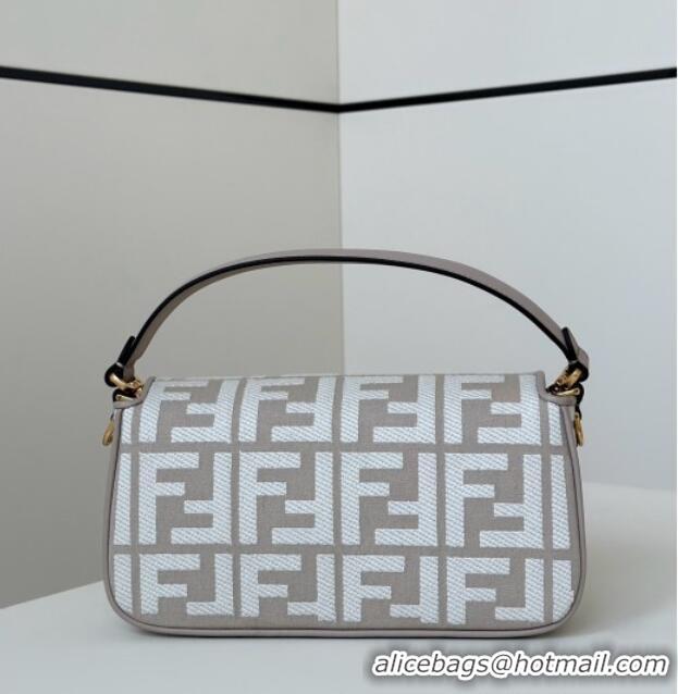 Best Quality Fendi Baguette Medium Bag in Canvas with FF embroidery 0159M Grey/White 2025