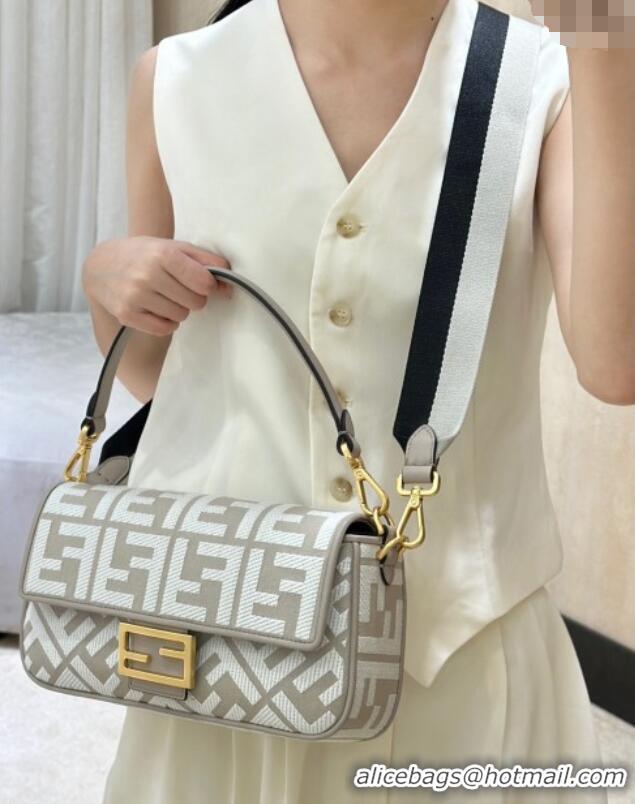 Best Quality Fendi Baguette Medium Bag in Canvas with FF embroidery 0159M Grey/White 2025