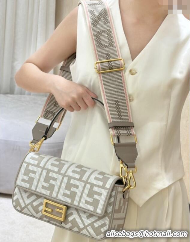 Best Quality Fendi Baguette Medium Bag in Canvas with FF embroidery 0159M Grey/White 2025