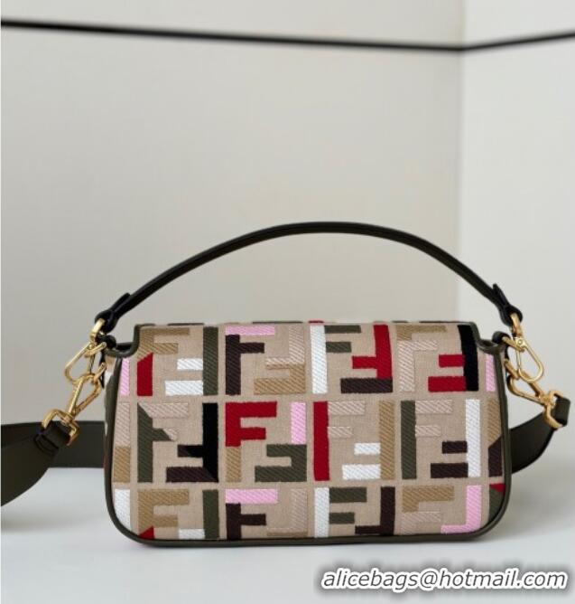 Classic Cheap Fendi Baguette Medium Bag in Canvas with FF embroidery 0159M Beige/Multicolor 2025