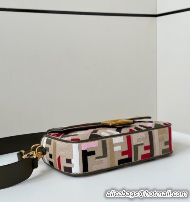 Classic Cheap Fendi Baguette Medium Bag in Canvas with FF embroidery 0159M Beige/Multicolor 2025