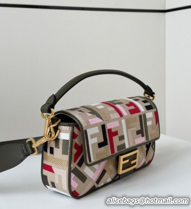 Classic Cheap Fendi Baguette Medium Bag in Canvas with FF embroidery 0159M Beige/Multicolor 2025