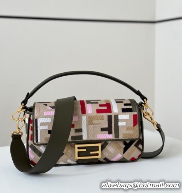 Classic Cheap Fendi Baguette Medium Bag in Canvas with FF embroidery 0159M Beige/Multicolor 2025