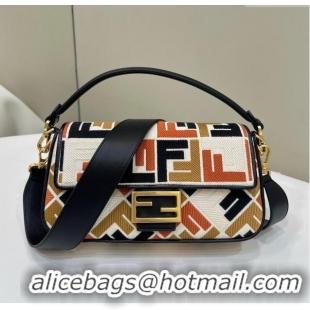 Luxury Discount Fendi Baguette Medium Bag in Canvas with FF embroidery 0159M Black/Multicolor 2025