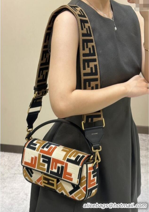 Luxury Discount Fendi Baguette Medium Bag in Canvas with FF embroidery 0159M Black/Multicolor 2025