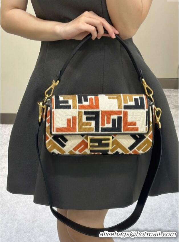 Luxury Discount Fendi Baguette Medium Bag in Canvas with FF embroidery 0159M Black/Multicolor 2025