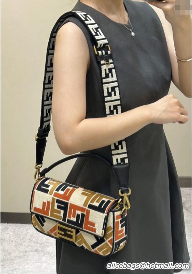 Luxury Discount Fendi Baguette Medium Bag in Canvas with FF embroidery 0159M Black/Multicolor 2025