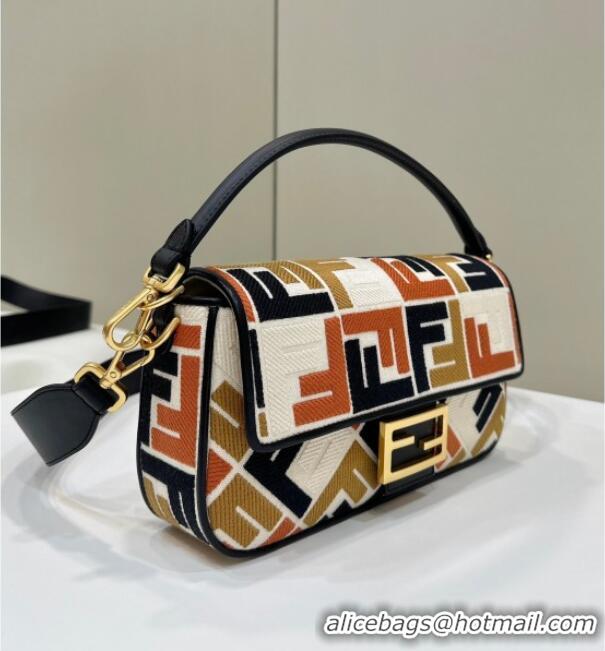 Luxury Discount Fendi Baguette Medium Bag in Canvas with FF embroidery 0159M Black/Multicolor 2025