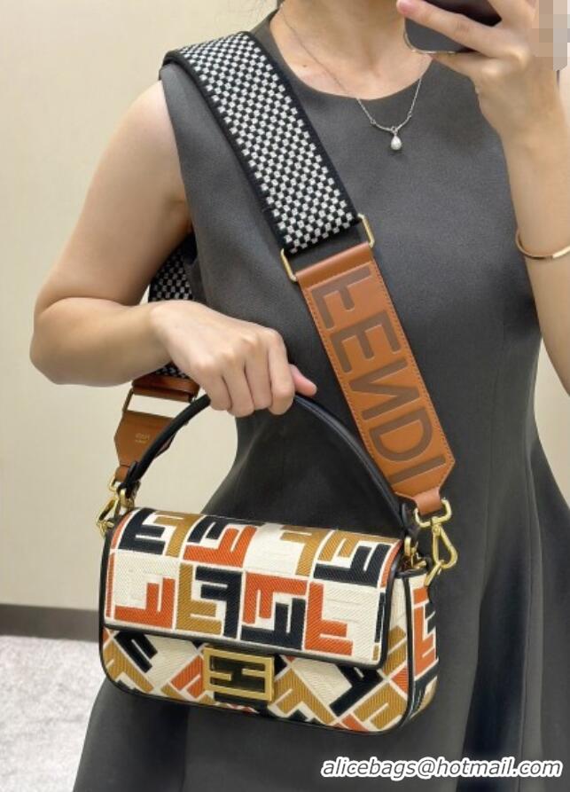 Luxury Discount Fendi Baguette Medium Bag in Canvas with FF embroidery 0159M Black/Multicolor 2025