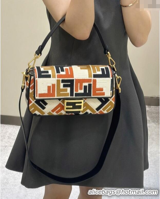 Luxury Discount Fendi Baguette Medium Bag in Canvas with FF embroidery 0159M Black/Multicolor 2025