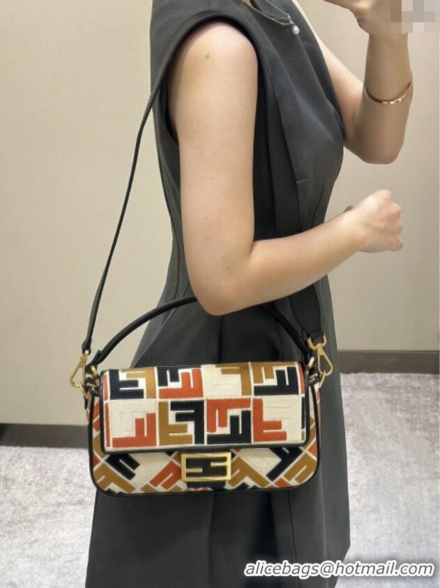 Luxury Discount Fendi Baguette Medium Bag in Canvas with FF embroidery 0159M Black/Multicolor 2025