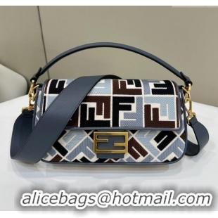 New Fashion Fendi Baguette Medium Bag in Canvas with FF embroidery 0159M Blue/Multicolor 2025