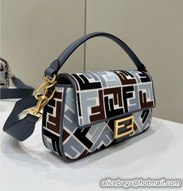 New Fashion Fendi Baguette Medium Bag in Canvas with FF embroidery 0159M Blue/Multicolor 2025