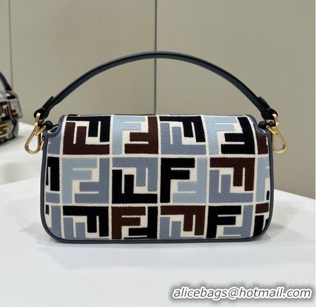 New Fashion Fendi Baguette Medium Bag in Canvas with FF embroidery 0159M Blue/Multicolor 2025