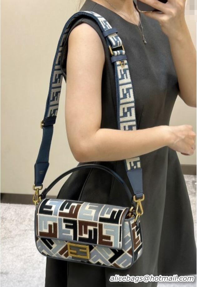 New Fashion Fendi Baguette Medium Bag in Canvas with FF embroidery 0159M Blue/Multicolor 2025