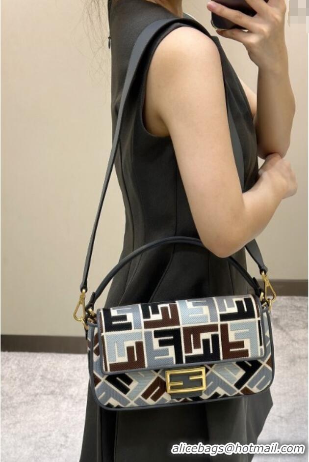 New Fashion Fendi Baguette Medium Bag in Canvas with FF embroidery 0159M Blue/Multicolor 2025