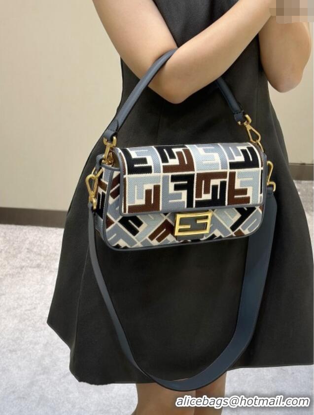 New Fashion Fendi Baguette Medium Bag in Canvas with FF embroidery 0159M Blue/Multicolor 2025