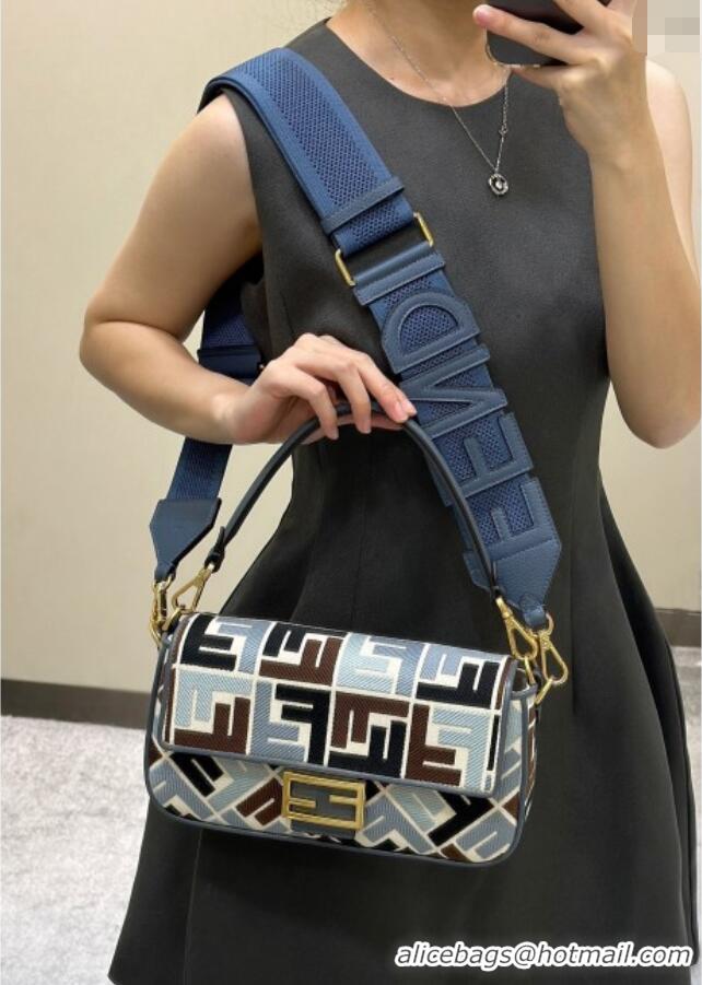 New Fashion Fendi Baguette Medium Bag in Canvas with FF embroidery 0159M Blue/Multicolor 2025