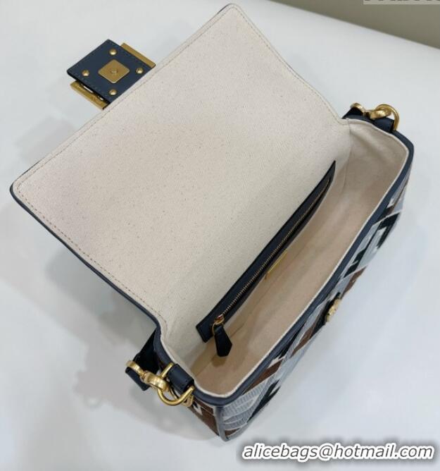 New Fashion Fendi Baguette Medium Bag in Canvas with FF embroidery 0159M Blue/Multicolor 2025