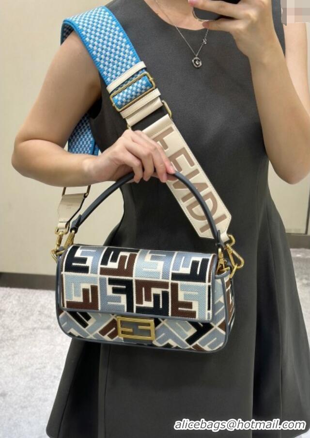 New Fashion Fendi Baguette Medium Bag in Canvas with FF embroidery 0159M Blue/Multicolor 2025