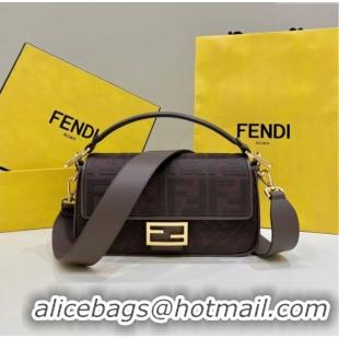 Top Design Fendi Baguette Medium Bag in Canvas with FF embroidery 0159M Chocolate Brown 2025