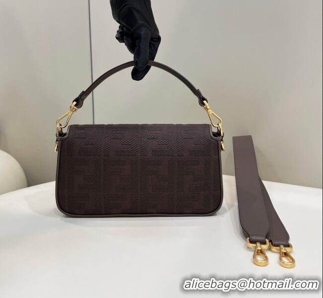 Top Design Fendi Baguette Medium Bag in Canvas with FF embroidery 0159M Chocolate Brown 2025