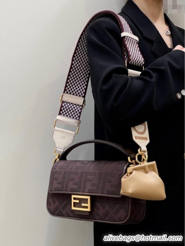Top Design Fendi Baguette Medium Bag in Canvas with FF embroidery 0159M Chocolate Brown 2025