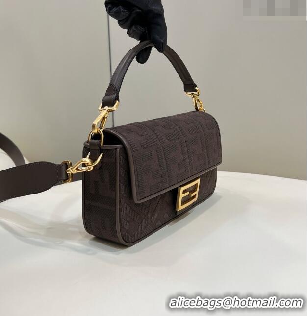 Top Design Fendi Baguette Medium Bag in Canvas with FF embroidery 0159M Chocolate Brown 2025