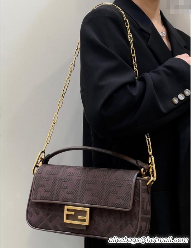 Top Design Fendi Baguette Medium Bag in Canvas with FF embroidery 0159M Chocolate Brown 2025