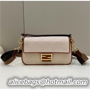 Top Grade Fendi Baguette Medium Bag in Canvas with FF embroidery 0159M Light Beige 2025