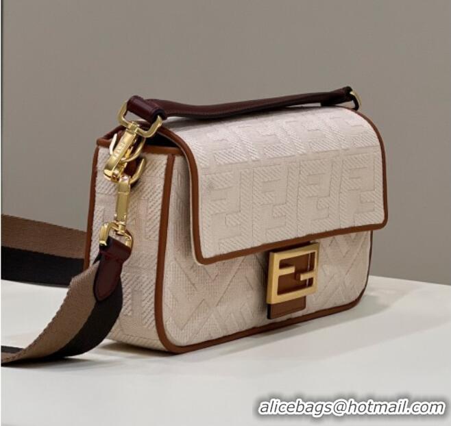 Top Grade Fendi Baguette Medium Bag in Canvas with FF embroidery 0159M Light Beige 2025