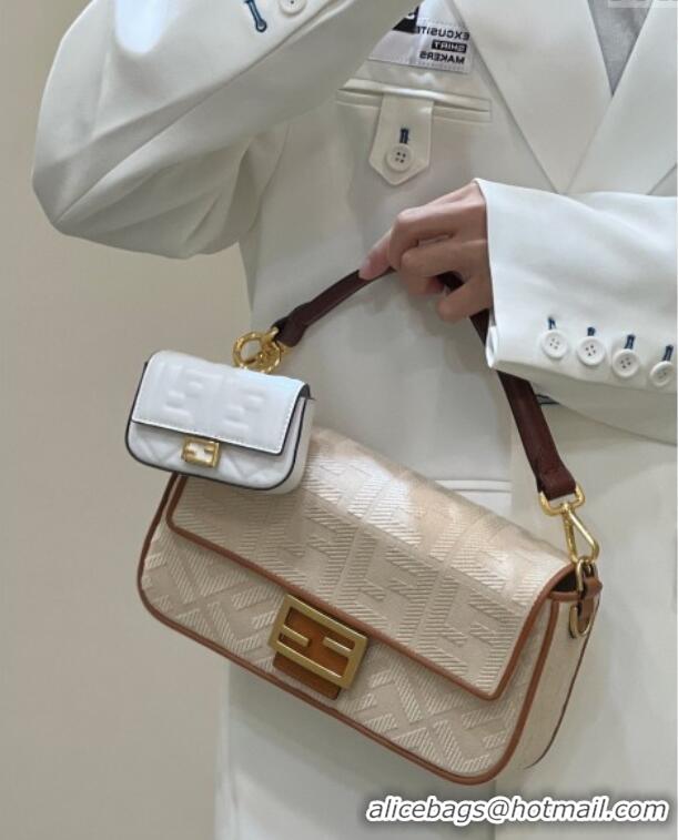 Top Grade Fendi Baguette Medium Bag in Canvas with FF embroidery 0159M Light Beige 2025