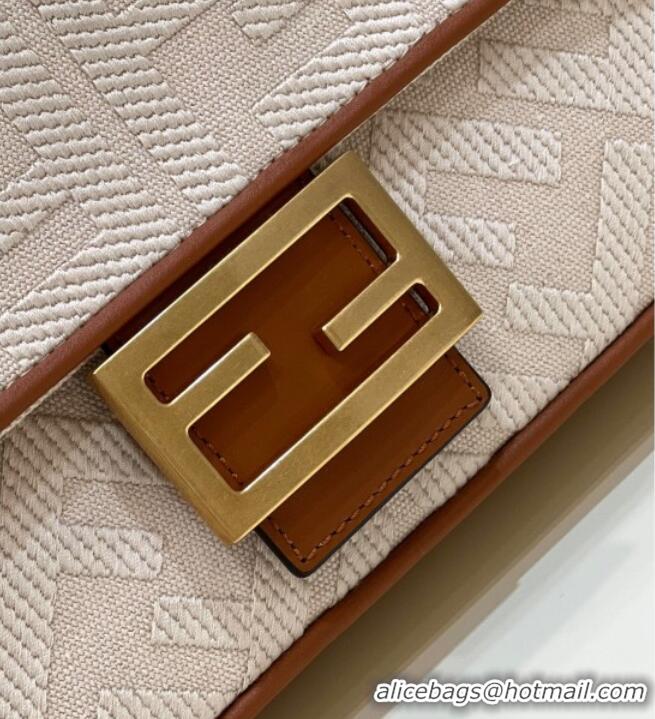 Top Grade Fendi Baguette Medium Bag in Canvas with FF embroidery 0159M Light Beige 2025