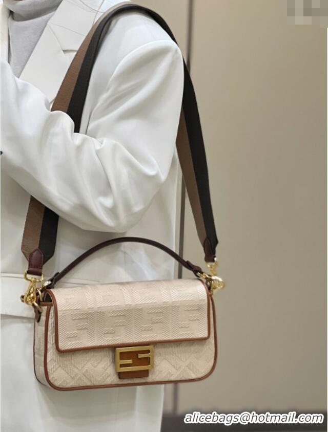 Top Grade Fendi Baguette Medium Bag in Canvas with FF embroidery 0159M Light Beige 2025